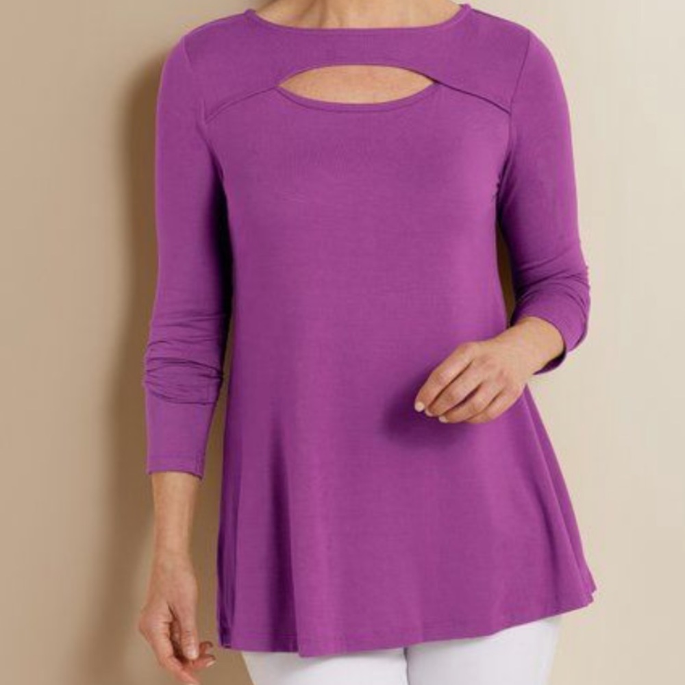 Soft surroundings purple keyhole long sleeve tunic top size xsmall